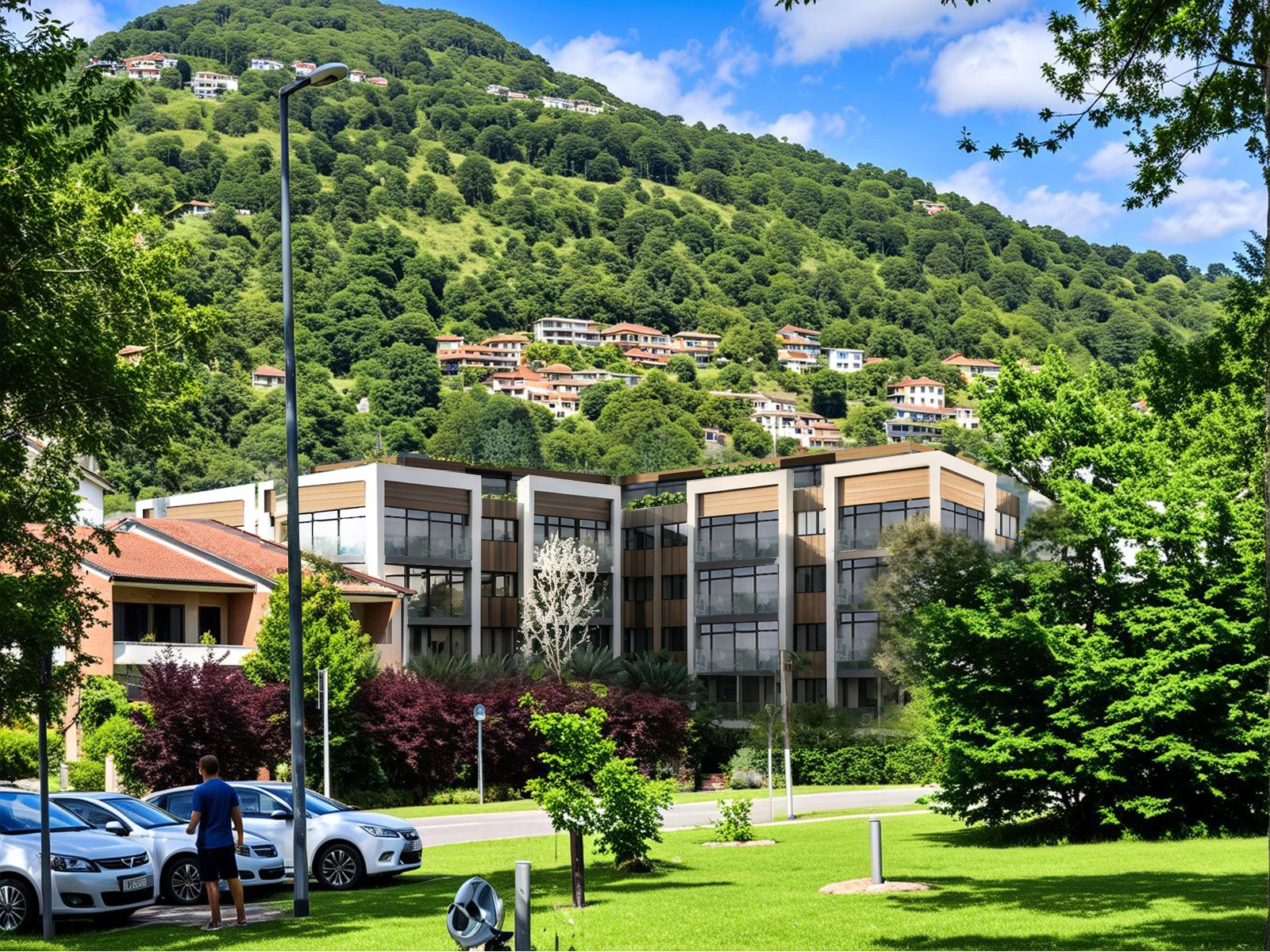 Lake Maggiore · Proposed residence in its green hillside setting — architectural visualisation.