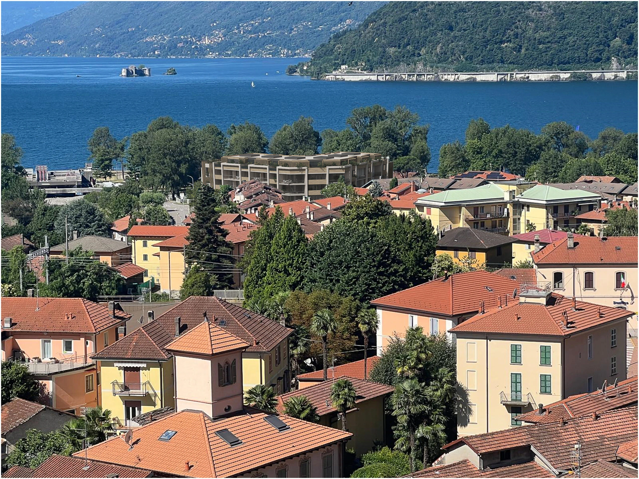 Lake Maggiore · Elevated view of the proposed residence and Lake Maggiore — architectural visualisation.