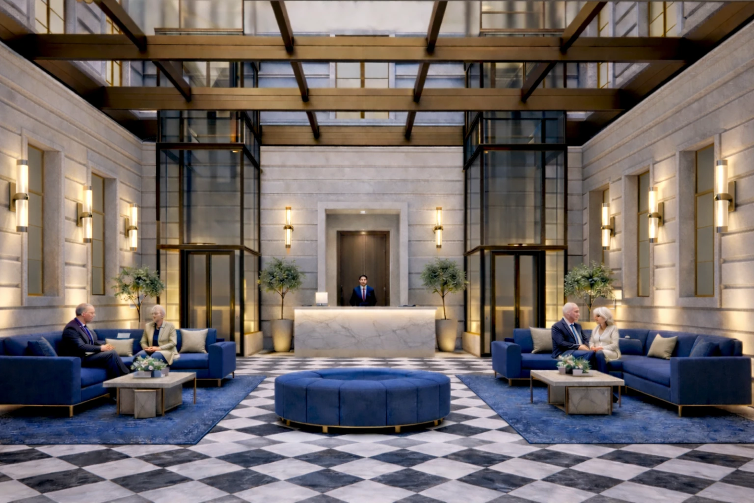 Trieste · Proposed design / render — Glazed atrium with lounge seating and reception.