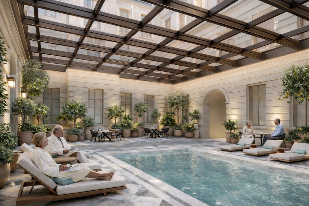 Trieste · Proposed design / render — Covered courtyard pool and lounge chairs.