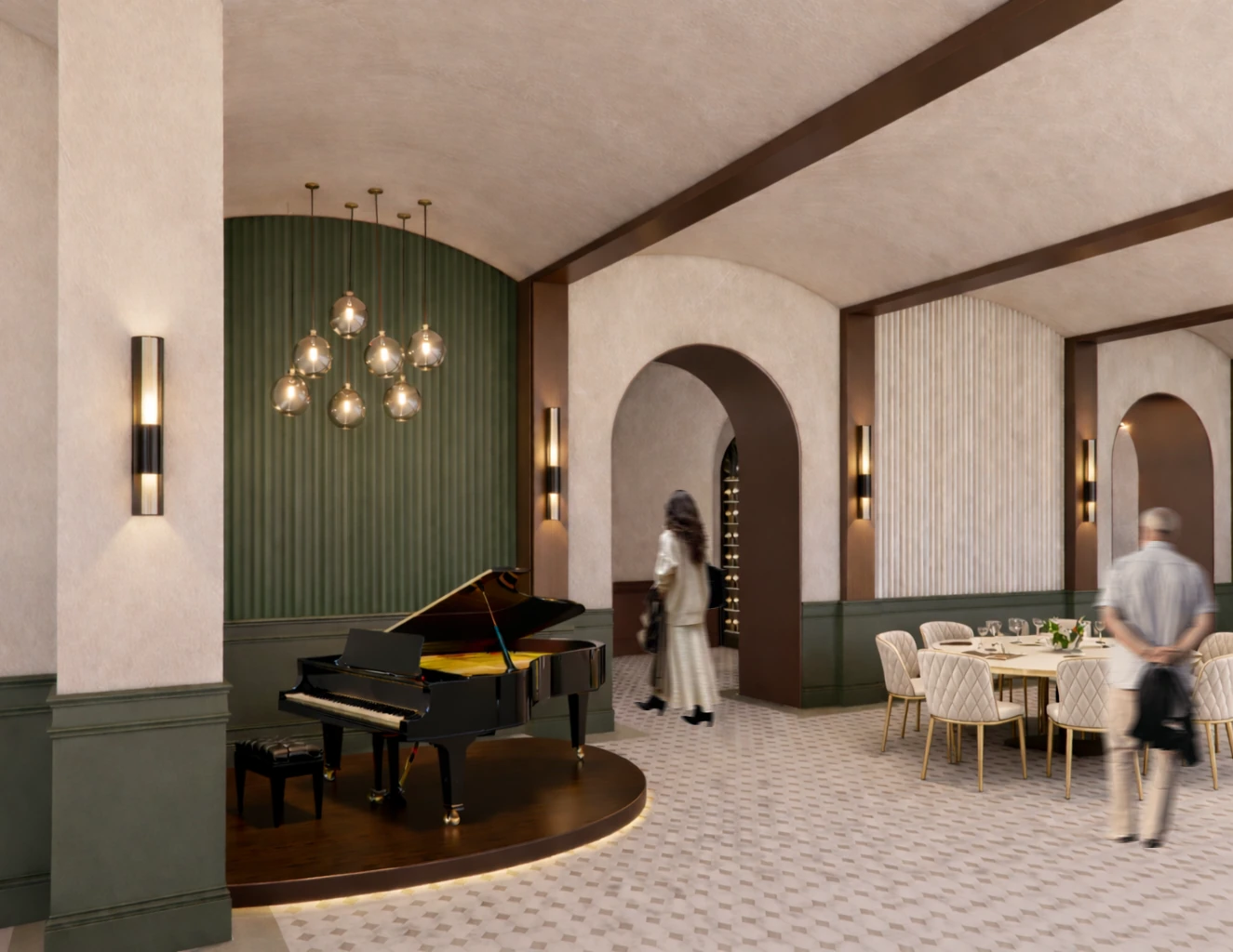 Trieste · Proposed design / render — Piano lounge with dining tables.