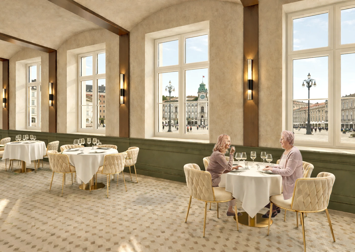Trieste · Proposed design / render — Dining room beside tall windows.