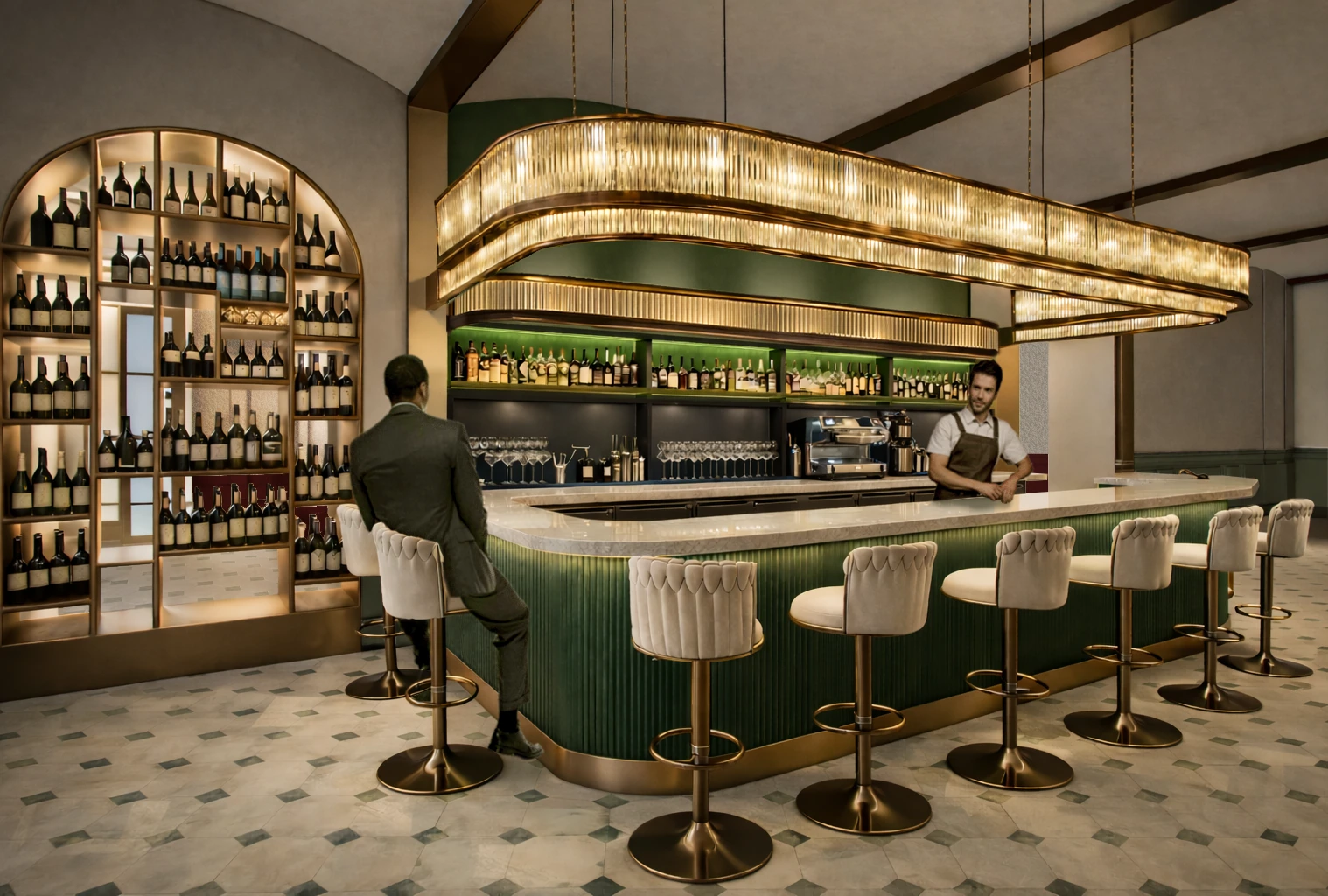 Trieste · Proposed design / render — Bar counter with green finishes and pendant lighting.