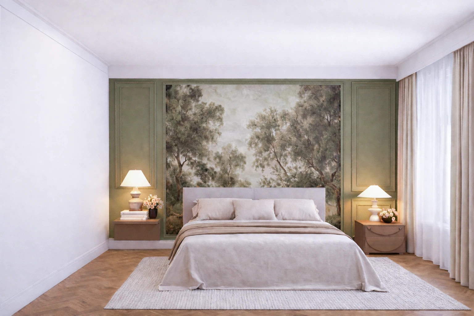 Trieste · Proposed design / render — Bedroom with a botanical feature wall.