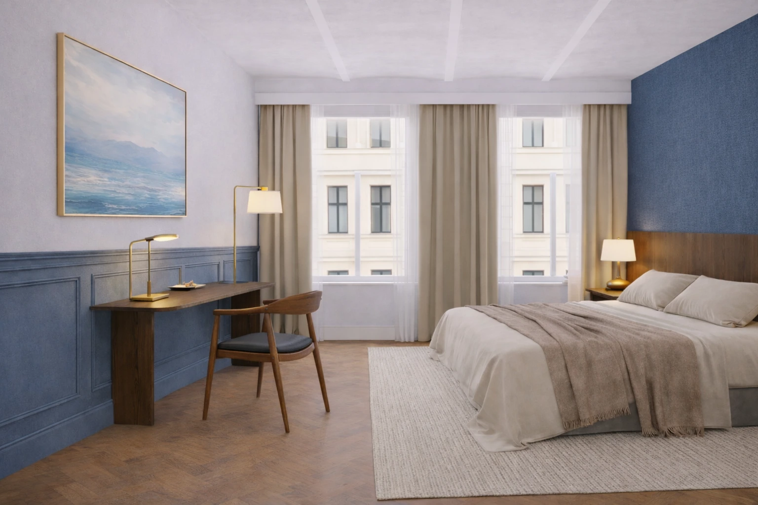 Trieste · Proposed design / render — Bedroom with a desk and blue feature wall.