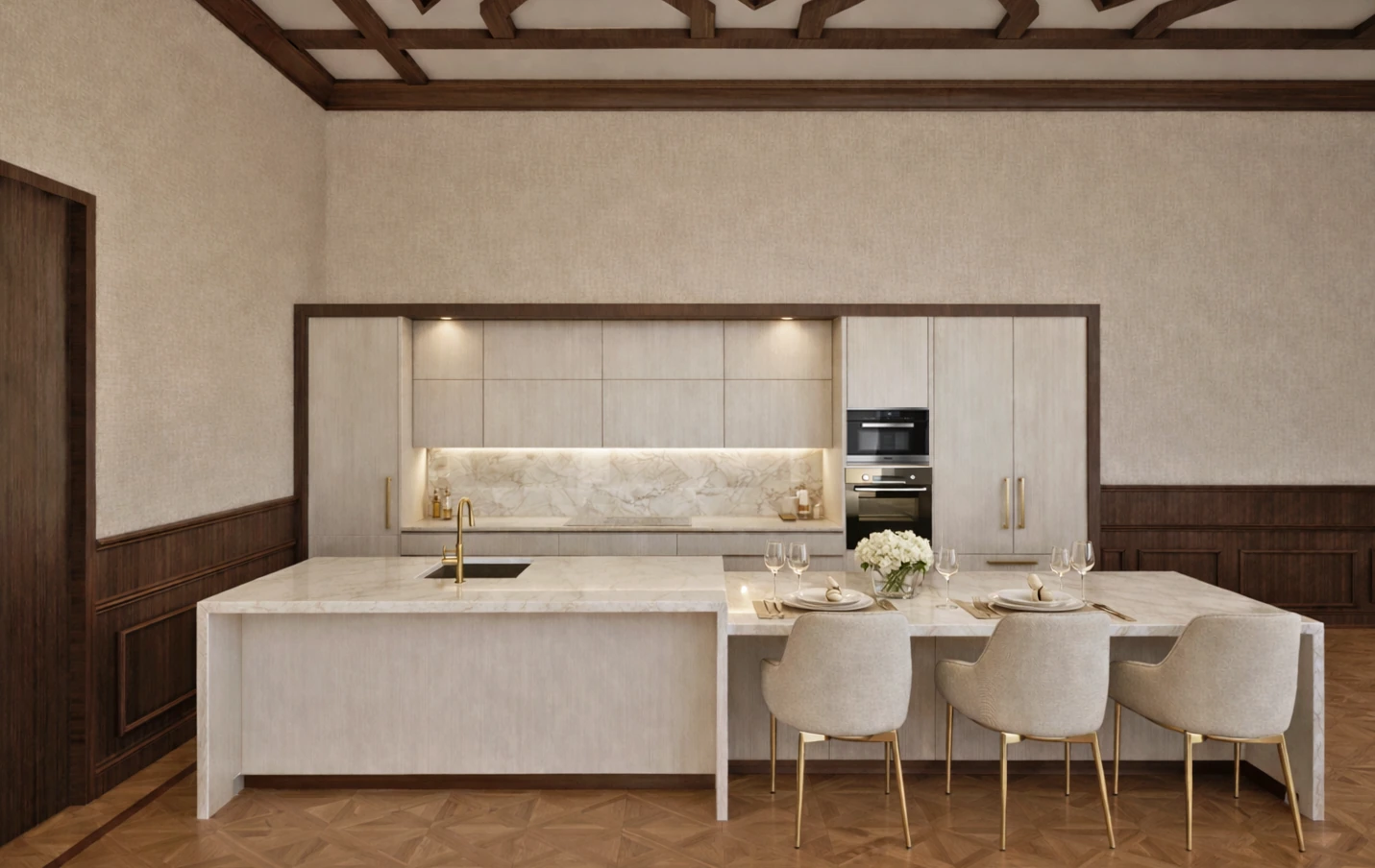 Trieste · Proposed design / render — Kitchen with island and counter seating.