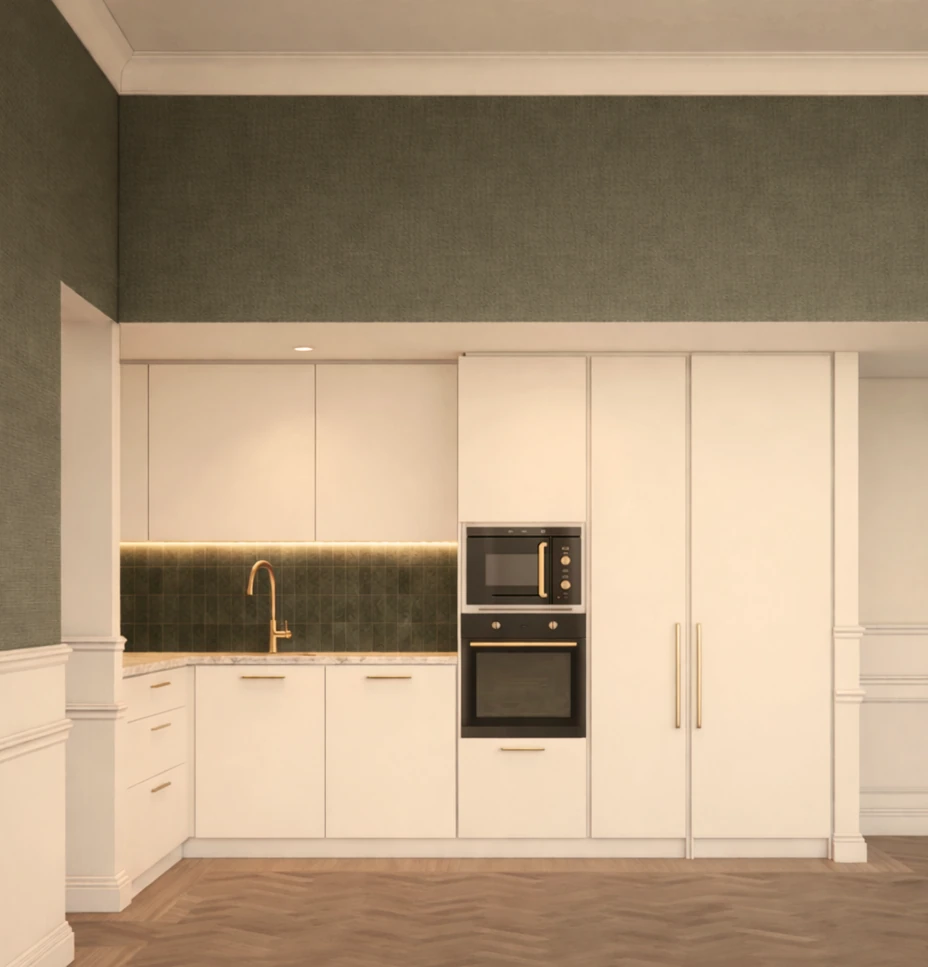 Trieste · Proposed design / render — Compact fitted kitchen.