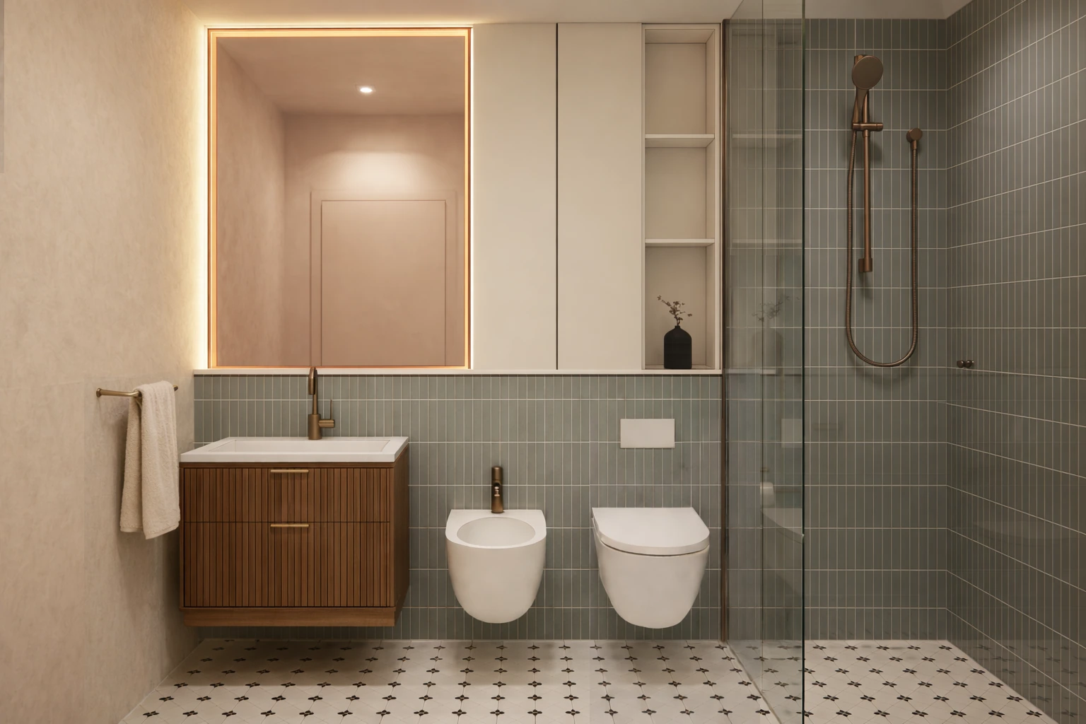 Trieste · Proposed design / render — Bathroom with shower and vanity.