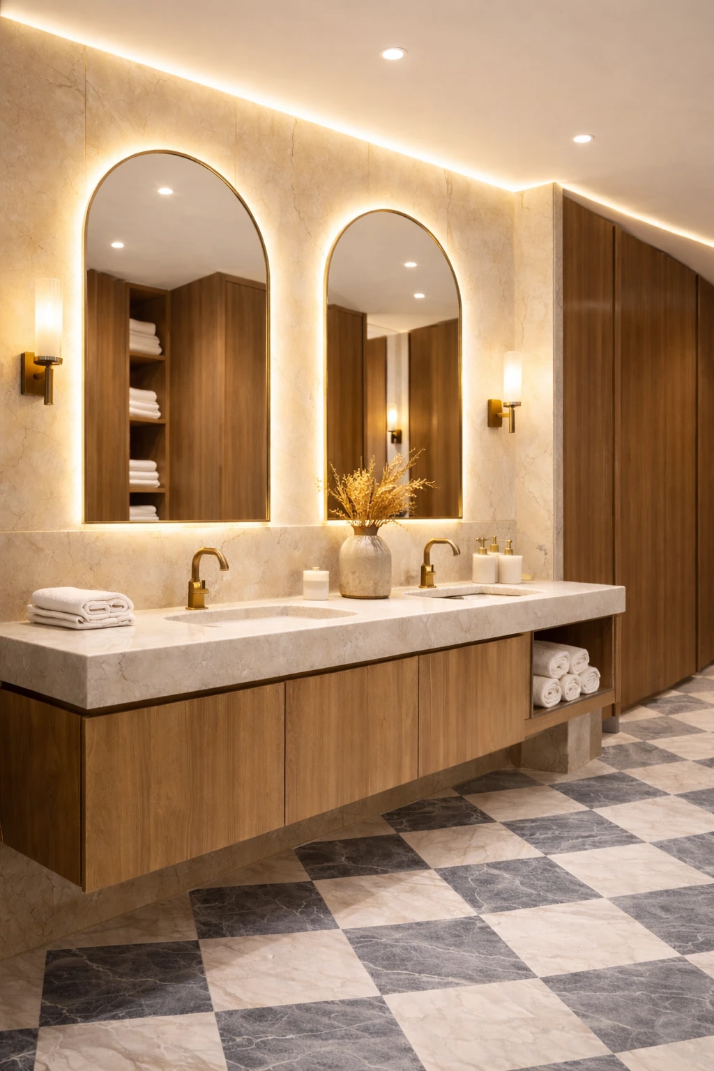 Trieste · Proposed design / render — Washroom vanity with arched mirrors.