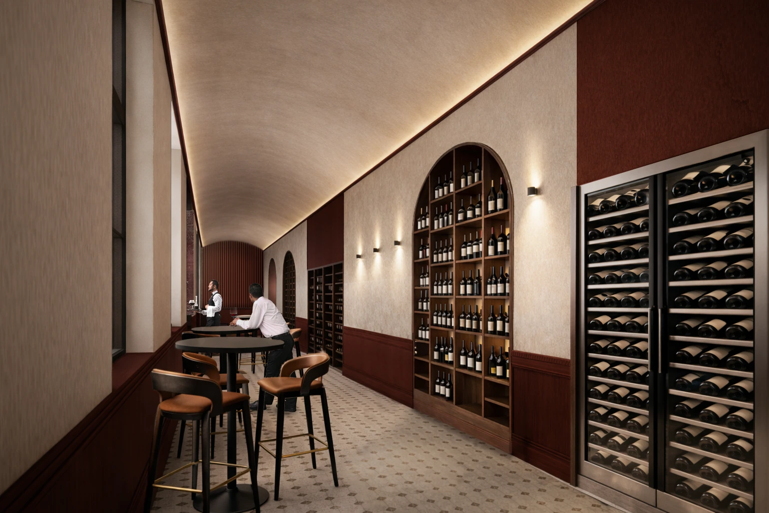 Trieste · Proposed design / render — Private dining area with wine displays.