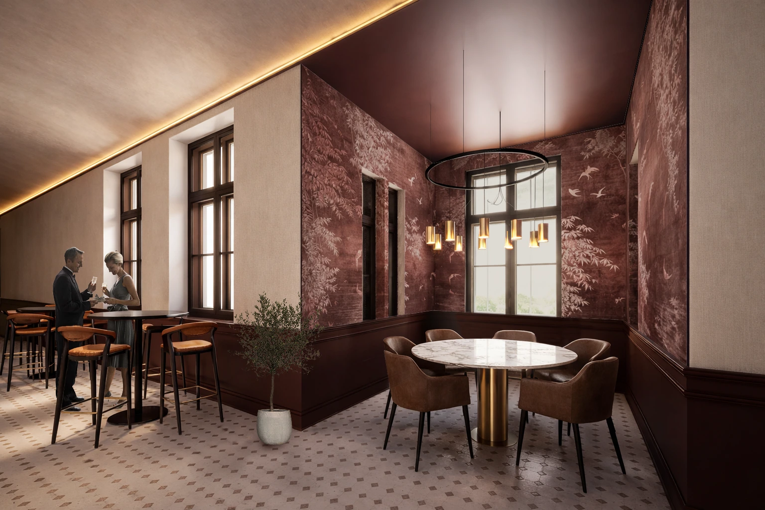 Trieste · Proposed design / render — Private dining area with marble finishes.